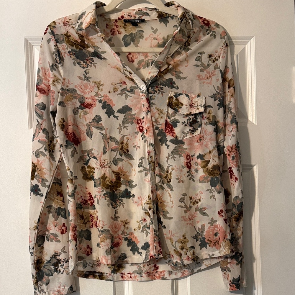 Papermoon Floral Button-Up Blouse - Pink, Green, Cream, Brown